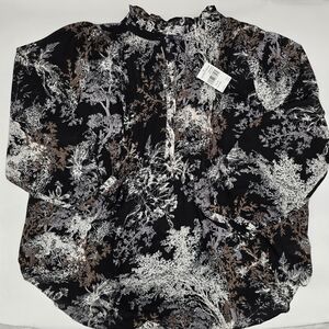 NYDJ Womens Top 2X Black Floral Print Long Sleeve Pleated V Neck Blouse NWT